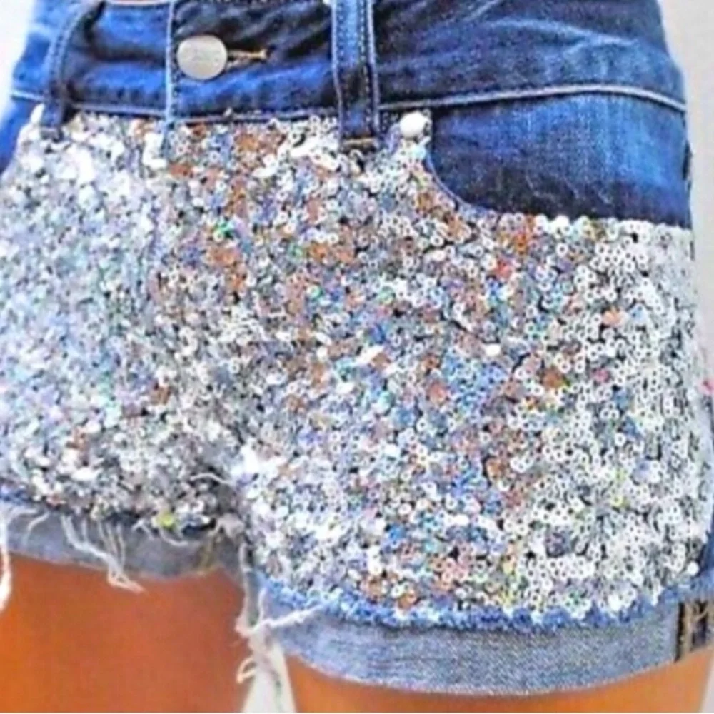 Victoria’s Secret Pink Denim Rainbow Silver Sequin Dark Blue Jean Shorts 0 RARE - Picture 1 of 8